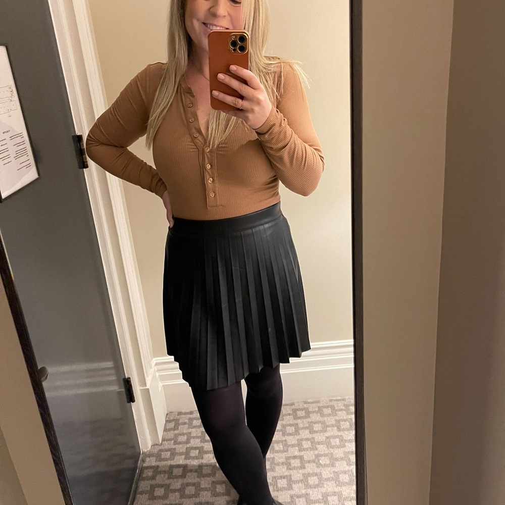 Black Pleated Faux Leather Skirt